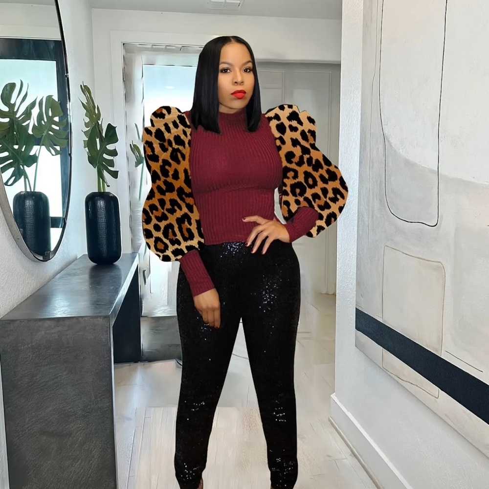 Leopard Print Puff Sleeve Top with Black Sequin Pants